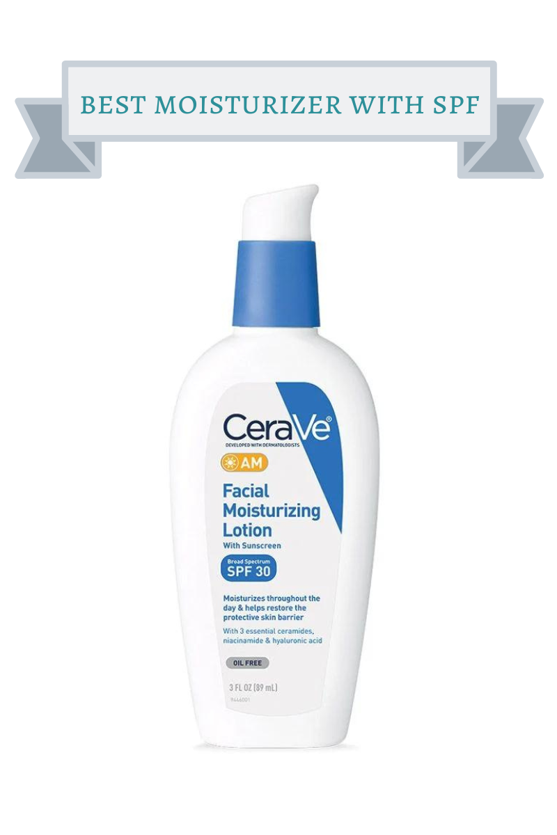 white and blue bottle of cerave moisturizer with spf